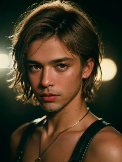 Grunge style, RAW photo of (((man))), portrait of a beautiful (man:1.5), (((male person)) + (age late fourties )), highly realistic, masterpiece, absurdres, intricate, highly detailed, madagascar,skin color light to medium brown + Soft Heart Face, Sloped Eyes, [eye color grey], snub-nosed nose, full lips, flat cheeks, crooked chin, high quality photography, 3 point lighting, flash with softbox, 16k, Leica M6, Ektachrome 64, smooth, sharp focus, high resolution, award winning photo, 50mm, f2.8, depth of field, Textured, distressed, vintage, edgy, punk rock vibe, dirty, noisy