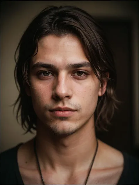 Grunge style, RAW photo of (((man))), portrait of a beautiful (man:1.5), (((male person)) + (age twenties )), highly realistic, masterpiece, absurdres, intricate, highly detailed, guinea-bissau,skin color dark brown + Square Round Face, Wide-Set Eyes, [eye color violet], snub-nosed nose, protruding upper lip, lower cheekbones, soft chin, high quality photography, 3 point lighting, flash with softbox, 16k, Leica M6, Ektachrome 64, smooth, sharp focus, high resolution, award winning photo, 50mm, f2.8, depth of field, Textured, distressed, vintage, edgy, punk rock vibe, dirty, noisy