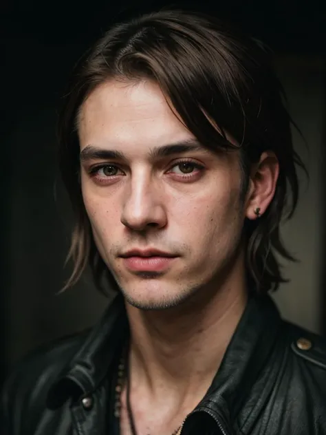 Grunge style, RAW photo of (((man))), portrait of a beautiful (man:1.5), (((male person)) + ( old)), highly realistic, masterpiece, absurdres, intricate, highly detailed, Japan, skin color pale + Triangular Oblong Face, Recessed Eyes, [eye color hazel], Nose with an Asymmetrical Shape, thin lips, lower cheekbones, double chin, high quality photography, 3 point lighting, flash with softbox, 16k, Leica M6, Ektachrome 64, smooth, sharp focus, high resolution, award winning photo, 50mm, f2.8, depth of field, Textured, distressed, vintage, edgy, punk rock vibe, dirty, noisy