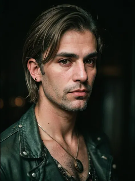 Grunge style, RAW photo of (((man))), portrait of a beautiful (man:1.5), (((male person)) + (age sixties )), highly realistic, masterpiece, absurdres, intricate, highly detailed, Azorean + Oval Round Face, Egyptian Eyes, [eye color green], long nose, protruding lower lip, round cheeks, cleft chin, high quality photography, 3 point lighting, flash with softbox, 16k, Leica M6, Ektachrome 64, smooth, sharp focus, high resolution, award winning photo, 50mm, f2.8, depth of field, Textured, distressed, vintage, edgy, punk rock vibe, dirty, noisy