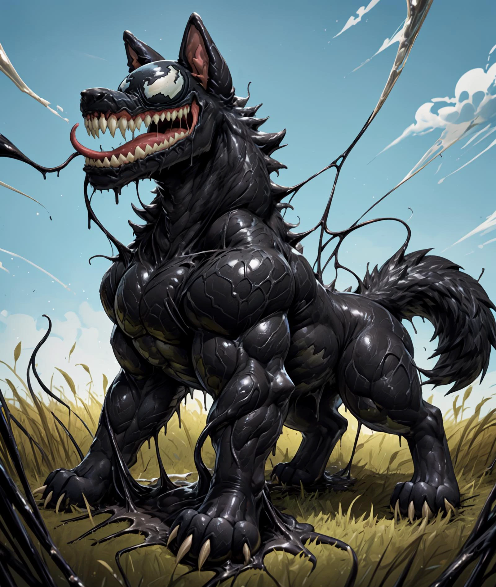 (blue skies,grass field,feral,full body,hyper black body,solo:2),(side view),upload on e621,by maldu, zaush, zackary911,(absorption,venom_assimilation,merging,transformation,tentacles,struggling,solo,4 legs,standing on ground,muscular,yelling,dripping goo,detailed wet black slime, torn liquid clothing, black slime covering skin, black slime webs on body:1.35),(very teeth,fang:1.35),(hyper black body,german shepherd,german shepherd,german shepherd),<lora:more_details:0.5> <lora:HyperRG:0.15> <lora:ai_2.0:0.5> <lora:Venom_gay_assimilation:0.8> <lora:Symbiote:0.5> <lora:Feral_V2.1:1>