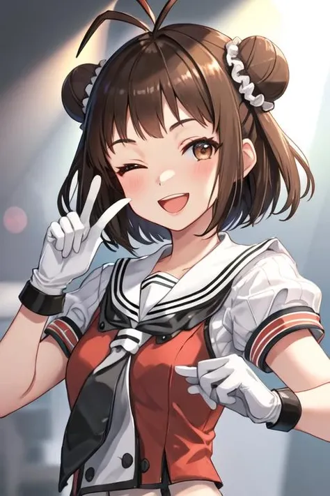 best quality, masterpiece, highres, solo, {naka_kantaicollection:1.15}, double_bun, hair_bun, brown_hair, short_hair, antenna_hair, brown_eyes, smile, serafuku, open_mouth, one_eye_closed, 1girl, ;d, gloves, looking_at_viewer, school_uniform, v, white_gloves