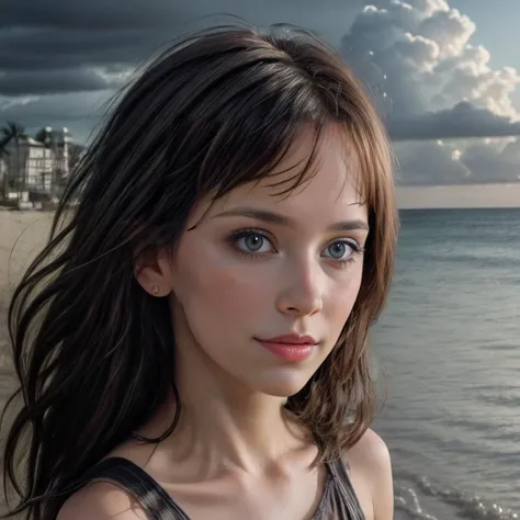 1 girl,masterpiece,best quality,photograph,film grain,extremely detailed CG Unity 8k wallpaper,photorealistic,realistic,8k,highres,cinemagraph,(full body:1.4),(real skin:1.3),<lora:add_detail:1>,(add detail:1.3),(real skin:1.4),official art,beach,cloudy sky,bokeh,white sleeveless dress,barefoot,anklet,(cowboy shot:1.3),(upper body:1.5),