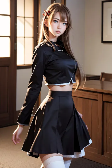 masterpiece, best quality, mature female, erotic, <lora:hiiragiasuka-nvwls-v1:.95> hiiragi asuka, hairpin, black serafuku, black shirt, long sleeves, black skirt, white thighhighs,