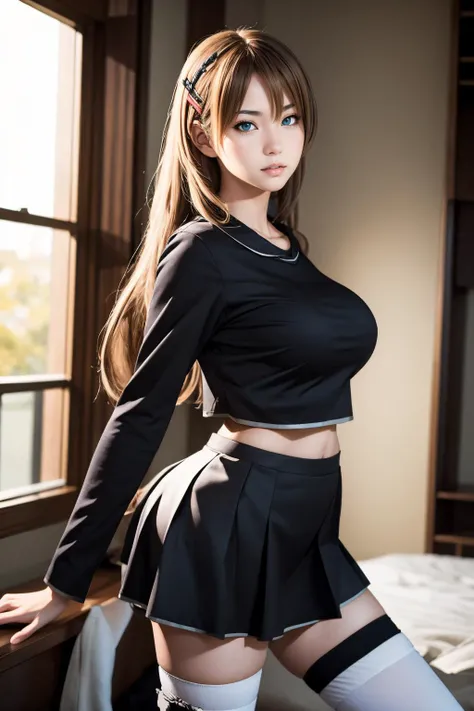 masterpiece, best quality, mature female, <lora:hiiragiasuka-nvwls-v1:.95> hiiragi asuka, hairpin, black serafuku, black shirt, long sleeves, black skirt, white thighhighs, <lora:NSFWFilter:0.8> eek