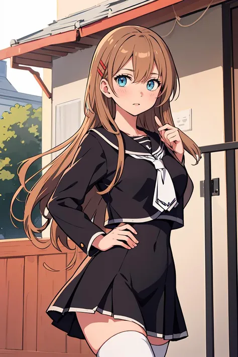 (masterpiece, best quality), 1girl, <lora:hiiragiasuka-nvwls-v1:0.8> hiiragi asuka, hairpin, black serafuku, black shirt, long sleeves, black skirt, white thighhighs,