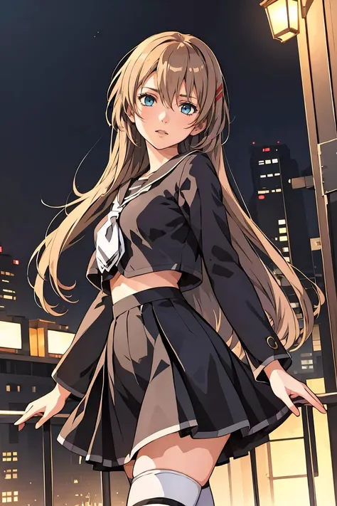 (masterpiece, best quality), 1girl, <lora:hiiragiasuka-nvwls-v1:0.8> hiiragi asuka, hairpin, black serafuku, black shirt, long sleeves, black skirt, white thighhighs,