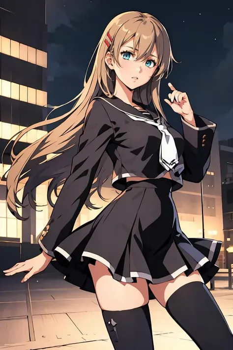 (masterpiece, best quality), 1girl, <lora:hiiragiasuka-nvwls-v1:0.8> hiiragi asuka, hairpin, black serafuku, black shirt, long sleeves, black skirt, white thighhighs,