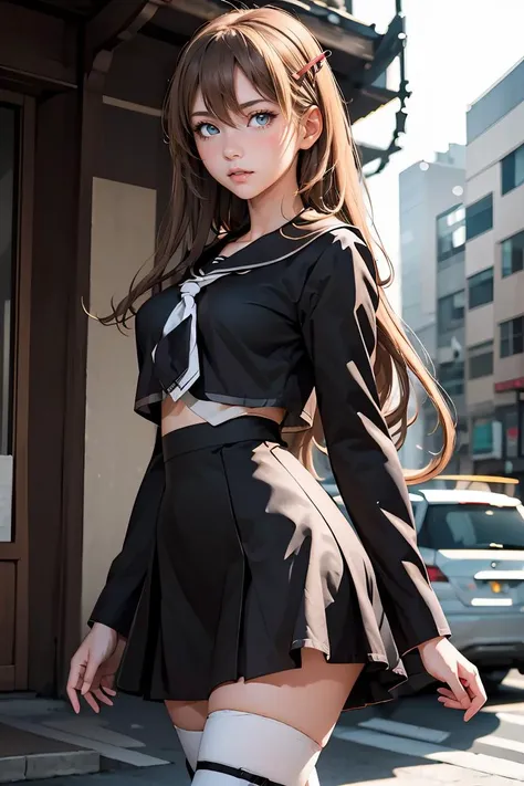 (masterpiece, best quality), 1girl, <lora:hiiragiasuka-nvwls-v1:0.8> hiiragi asuka, hairpin, black serafuku, black shirt, long sleeves, black skirt, white thighhighs,