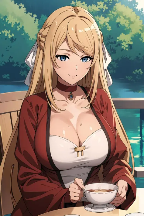 (day),a table with a tea cup,tree, forest, garden, grass,
Standing at attention,
red shirt ,puffy short sleeves,red choker, red jacket,cleavage, collarbone,
<lora:Ariel_Anemoi_Asura-KK77-V1:0.7>,jewelry, necklace,
blonde hair, blue eyes, braid, bangs, hair between eyes, long hair,
<lora:Mariana_Luciano_NON_VIRGIN-KK77-V1:0.3>,<lora:more_details:0.1>,
1 girl, 20yo,Young female,Beautiful Finger,Beautiful long legs,Beautiful body,Beautiful Nose,Beautiful character design, perfect eyes, perfect face,expressive eyes,perfect balance,
looking at viewer,(Focus on her face),closed mouth, (innocent_big_eyes:1.0),Light_Smile,
official art,extremely detailed CG unity 8k wallpaper, perfect lighting,Colorful, Bright_Front_face_Lighting,shiny skin, 
(masterpiece:1.0),(best_quality:1.0), ultra high res,4K,ultra-detailed,
photography, 8K, HDR, highres, absurdres:1.2, Kodak portra 400, film grain, blurry background, bokeh:1.2, lens flare, (vibrant_color:1.2),professional photograph, 
(Beautiful,large_Breasts:1.4), (beautiful_face:1.5),(narrow_waist),