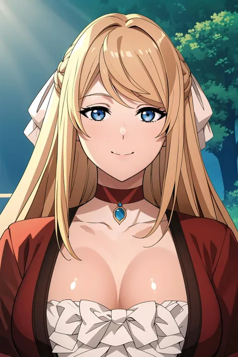 (day),a table with a tea cup,tree, forest, garden, grass,
Standing at attention,
red shirt ,puffy short sleeves,red choker, red jacket,cleavage, collarbone,
<lora:Ariel_Anemoi_Asura-KK77-V1:0.7>,jewelry, necklace,
blonde hair, blue eyes, braid, bangs, hair between eyes, long hair,
<lora:Mariana_Luciano_NON_VIRGIN-KK77-V1:0.3>,<lora:more_details:0.1>,
1 girl, 20yo,Young female,Beautiful Finger,Beautiful long legs,Beautiful body,Beautiful Nose,Beautiful character design, perfect eyes, perfect face,expressive eyes,perfect balance,
looking at viewer,(Focus on her face),closed mouth, (innocent_big_eyes:1.0),Light_Smile,
official art,extremely detailed CG unity 8k wallpaper, perfect lighting,Colorful, Bright_Front_face_Lighting,shiny skin, 
(masterpiece:1.0),(best_quality:1.0), ultra high res,4K,ultra-detailed,
photography, 8K, HDR, highres, absurdres:1.2, Kodak portra 400, film grain, blurry background, bokeh:1.2, lens flare, (vibrant_color:1.2),professional photograph, 
(Beautiful,large_Breasts:1.4), (beautiful_face:1.5),(narrow_waist),
