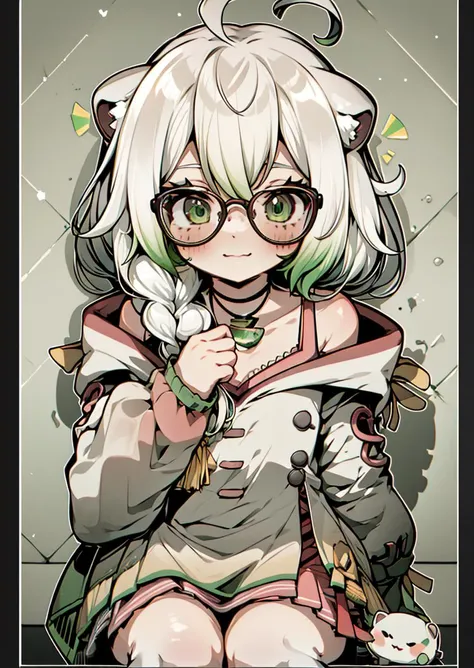 indoors, laimu, 1girl, solo, animal ears, green eyes, single braid, white hair, green hair, ahoge, upper body, smile, closed mouth, looking at viewer, sitting, dress, jacket, off shoulder, puffy long sleeves, glasses,  wallpaper,  <lora:laimu:1>,   anime style, cute, jumping, legs,  <lora:NijiEmotes:0.8> Niji Emote, wide shot, centered