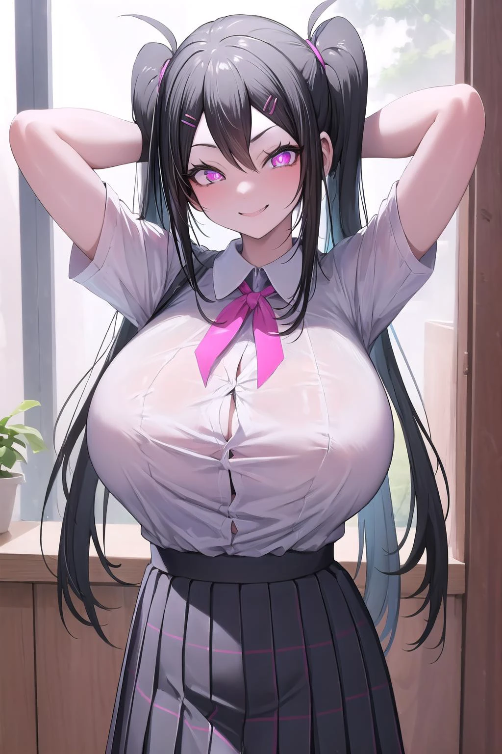 (masterpiece:1.3),(highly detailed:1.3),(highres:1.1),best quality,Ultra-detail,bursting breasts,arms behind head,jeloyuukinanase,solo,large breasts,pink eyes,(bright pupils),hair ornament,hairclip,twintails,white shirt,skirt,looking at viewer,smile,<lora:yuuki_nanase:1>,<lora:bursting_breasts:1>,