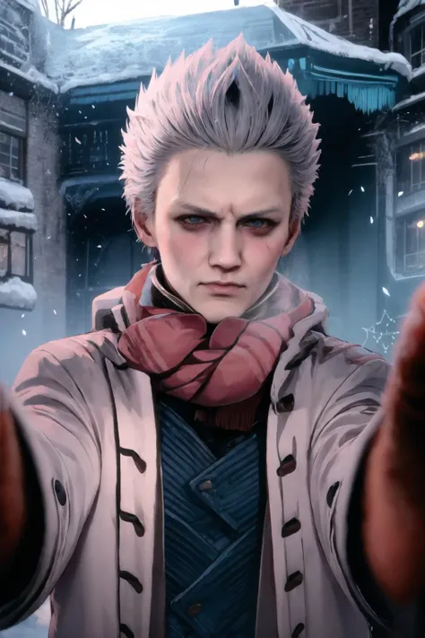 1boy, IncrsChkWarmingMeme, red scarf, pov, shy, blush, closed mouth, <lora:PovCheekWarmingMeme:1>, vergil(dmc5), <lora:Char_DMC_Vergil:0.75>