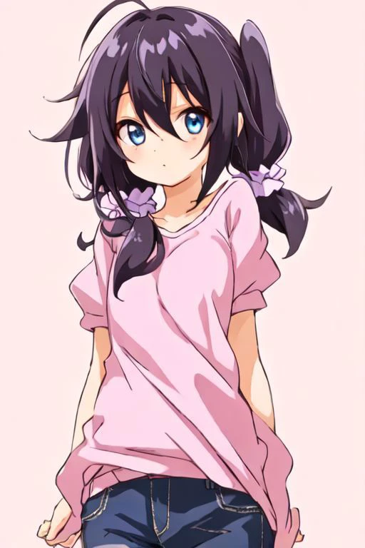 masterpiece,girl, pink shirt, short hair, two small pigtails, light blue eyes, pink hair bow, black hair