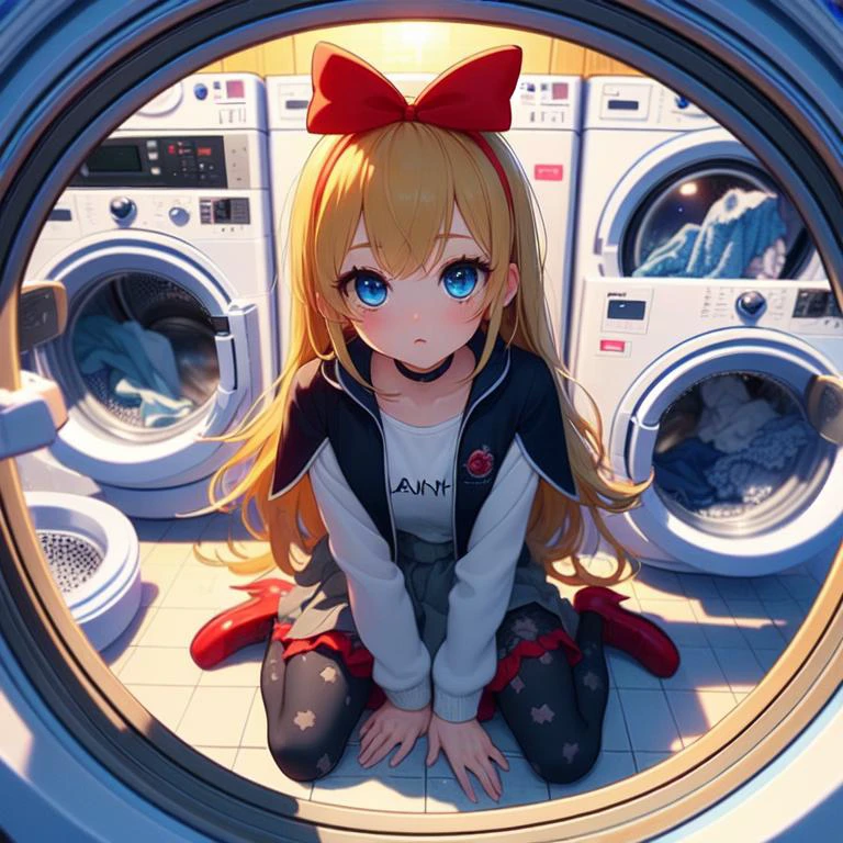 (masterpiece, best quality, detailed:1.5),  <lora:girllikewashingmachine:1> (washing machine, laundry, putting clothes, fisheye lens:1.3), (regina:1.3) <lora:locon_regina_01:1>, (red ribbon, hair ribbon, blue eyes), blonde hair, long hair, grey skirt, pantyhose, animal print, vest, long sleeves, black capelet, arm warmers, choker, fur, high heels