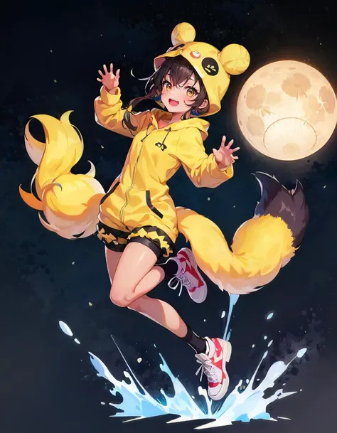 1girl, solo, from afar, full body, tokyo tower, night, full moon, claw pose, hazel hair, long hair, double bun, yellow eyes, dark skin, dark-skinned female, animal hoodie, starry print shorts, coral headwear, small breasts, giggling