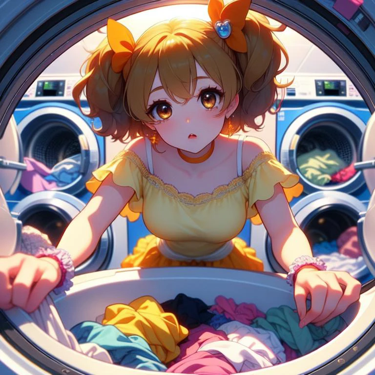 (masterpiece, best quality, detailed:1.5), <lora:girllikewashingmachine:1> (washing machine, laundry, putting clothes, fisheye lens:1.3), (cure pine:1.3) <lora:locon_cure_pine_3:1>, precure, one side up, short hair, hair ribbon, frills, short sleeves, wrist cuffs, orange choker, orange boots, yellow skirt