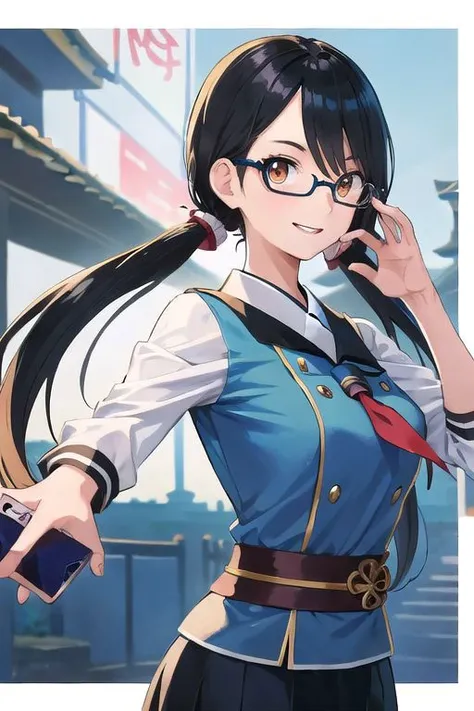 Japanese anime style image of a beautiful and graceful Japanese woman in her twenties, looking towards the viewer, long straight dark hair, side hair tied up, brown eyes with black Egyptian eyeliner and eye makeup, smiling, wearing soft lipstick, wearing a uniform female schoolgirl in blue color and white sleeves, wearing simple glasses, upper body, taking a selfie photo