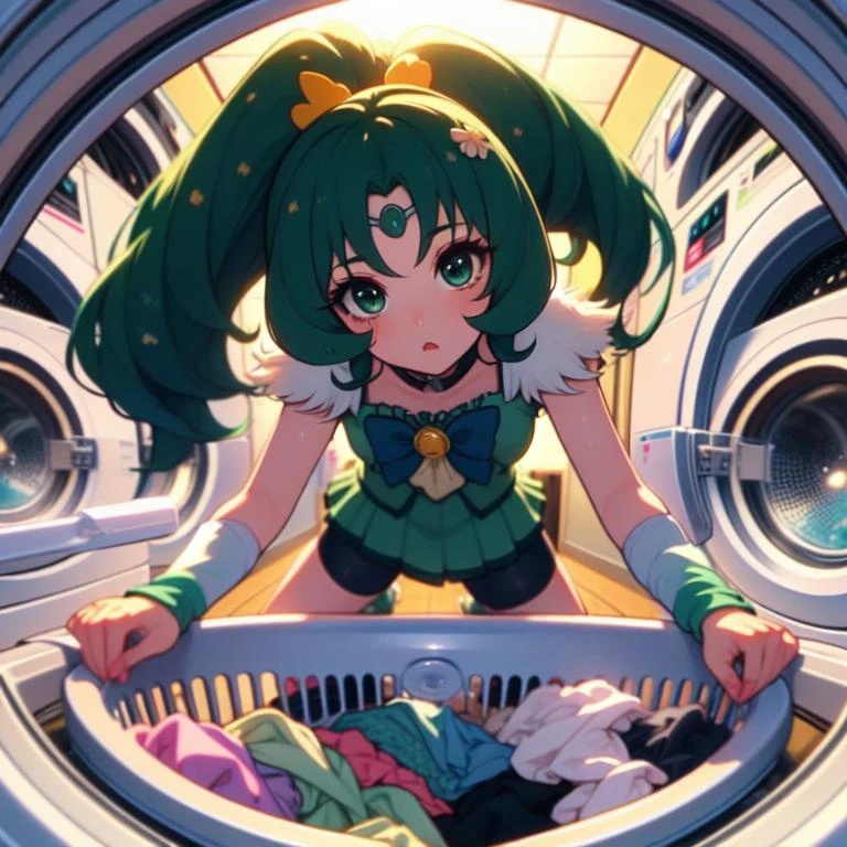 (masterpiece, best quality, detailed:1.5), <lora:girllikewashingmachine:1> (washing machine, laundry, putting clothes, fisheye lens:1.3), (cure march:1.3) <lora:locon_cure_march_1:1.0>, bowtie, high ponytail, arm warmers, feather hair ornament, green boots, shorts under skirt, green shorts