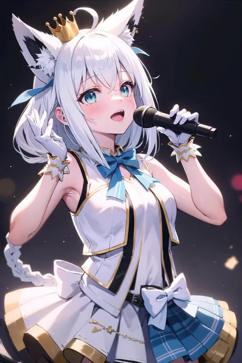 (masterpiece:1.3),(highly detailed:1.3),(highres:1.1),best quality,Ultra-detail,concert,crowd,fubukiidol,twin braids,hololive idol uniform,layered skirt,white gloves,mini crown,blue bowtie,bow,white hair,ahoge,fox tail,singing,holding microphone,<lora:shirakami_fubuki_9_outfits:1>,