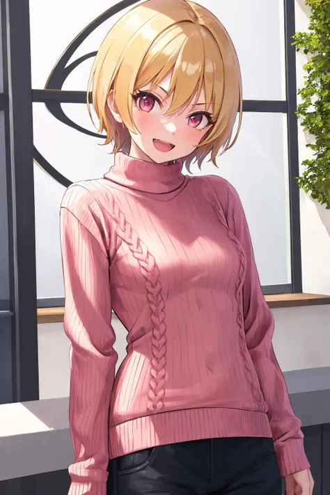 masterpiece, best quality, 1girl, solo, <lora:juri-im-richy-v1:1> jurirnd, casual, red sweater, :D, pink eyes, ribbed sweater, small breasts, knit sweater