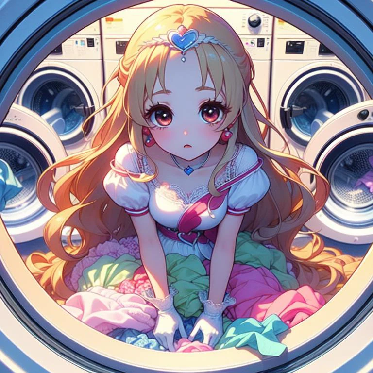 (masterpiece, best quality, detailed:1.5), <lora:girllikewashingmachine:1> (washing machine, laundry, putting clothes, fisheye lens:1.3), (cure tomorrow:1.3) <lora:locon_cure_tomorrow_01:1.0>, long hair, puffy short sleeves, tiara, wrist cuffs, earrings, eyelashes, fingerless gloves