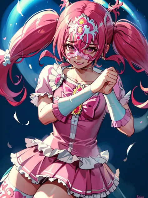 (wearing a luchador_mask:1.6), (cure happy:1.3) <lyco:locon_cure_happy_1:0.8> smiling with hands above head, <lora:luchador_mask:1.1> BREAK (masterpiece, best quality, detailed:1.5), , low twintails, feather hair ornament, skirt, tiara, wrist cuffs, pink shorts, shorts under skirt, boots, (pink hearts in background:1.1)