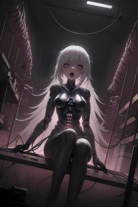 1girl, (solo:1.1), (factory:1.1), indoors, dutch angle, sitting, surprised, android, translucent skin, evil machinery, corruption, mechanical, wires, electricity, very long hair, shadow creature, horrid dirty hairs, horror, terrifying atmosphere, (masterpiece), (hyper detailed), (intricate detail), [high contrast], 4k, dark colors, dynamic, best quality, absurdres, <lora:translucent_skin_full:1.2>,
