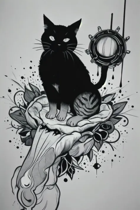 (masterpiece, best quality), BlackworkStyleManityro, <lora:BlackworkStyle_V1-Manityro-AdamW:1.0>, monster, cat, horror \(theme\), greyscale,