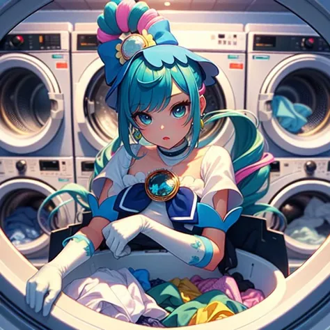 (masterpiece, best quality, detailed:1.5),  <lora:girllikewashingmachine:1> (washing machine, laundry, putting clothes, fisheye lens:1.3), (cure spicy:1.3)  <lora:locon_cure_spicy_02:1.0>, multicolored hair, ponytail, blue high heels, blue legwear, headwear, gloves, brooch, earrings, ahoge, apron, ribbon, wristwatch