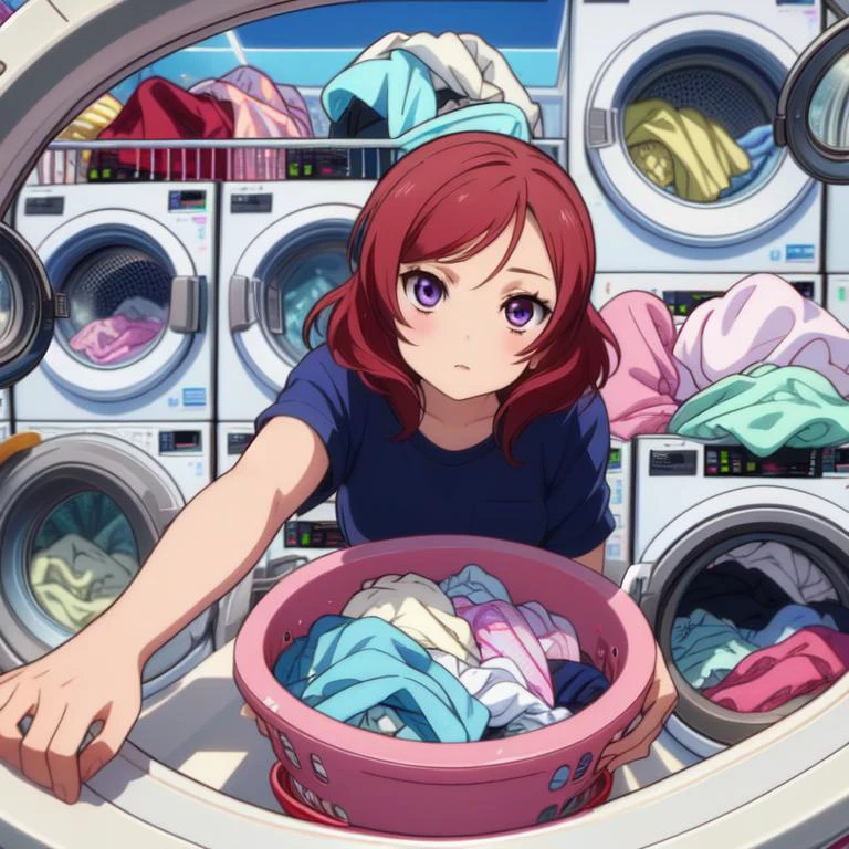 (masterpiece, best quality, detailed:1.5), <lora:girllikewashingmachine:1> (washing machine, laundry, putting clothes, fisheye lens:1.3), (maki nishikino:1.3) <lora:maki-lovelive:1>