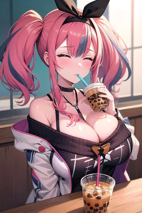 (masterpiece:1.3),(highly detailed:1.3),(highres:1.1),best quality,Ultra-detail,1girl,solo,restaurant,bubble tea,disposable cup,drinking straw,bremerton \(day-off date\),large breasts,jacket,twintails,off-shoulder sweater,choker,hairband,closed eyes,drinking,blush,<lora:bremerton_day-offv2:1>,