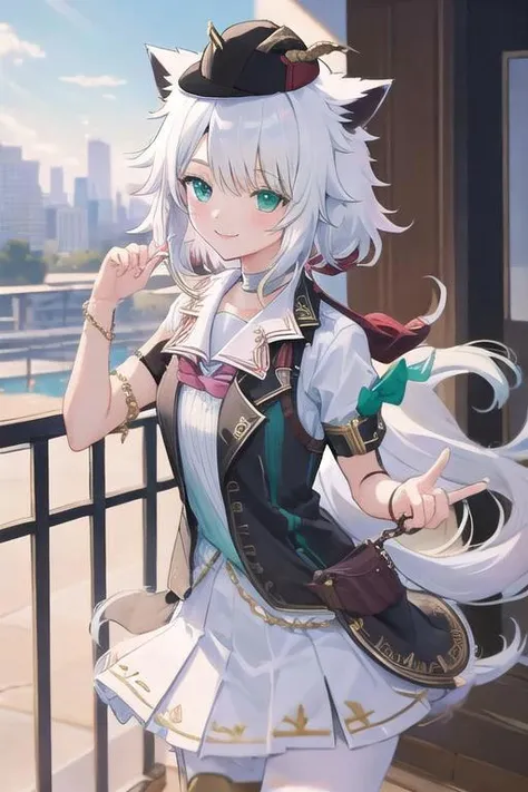 masterpiece, best quality, <lora:yswhitecat-nvwls-v1-000008:0.9> ysWhiteCat, hat, cat ears, serafuku, pleated skirt, white shirt, short sleeves, school, classroom, cowboy shot, smile, green eyes
