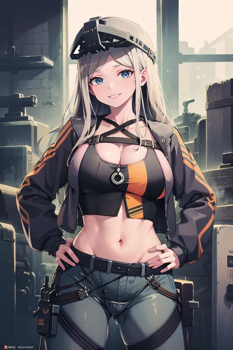 (masterpiece:1.3),(highly detailed:1.3),(highres:1.1),best quality,Ultra-detail,1girl,solo,factory,centi \(nikke\),large breasts,helmet,crop top,jacket,pants,belt,smile,looking at viewer,hand on hip,<lora:centi_nikke:1>,