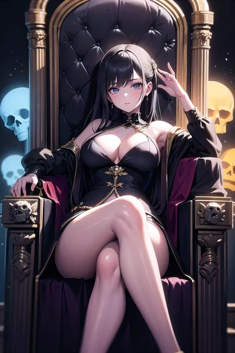 (masterpiece:1.3),(highly detailed:1.3),(highres:1.1),best quality,Ultra-detail,1girl,large breasts,crossed legs,darkness,abstract background,skulls,throne,glow,