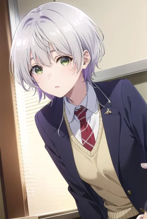 fuukakikuchi, <lora:fuuka kikuchi s1-lora-nochekaiser:1>,
fuuka kikuchi, short hair, bangs, hair between eyes, (green eyes:1.3), grey hair,
BREAK skirt, shirt, long sleeves, school uniform, jacket, white shirt, pleated skirt, necktie, collared shirt, plaid, plaid skirt, blazer, red necktie,
BREAK indoors, classroom,
BREAK looking at viewer,
BREAK <lyco:GoodHands-beta2:1>, (masterpiece:1.2), best quality, high resolution, unity 8k wallpaper, (illustration:0.8), (beautiful detailed eyes:1.6), extremely detailed face, perfect lighting, extremely detailed CG, (perfect hands, perfect anatomy),