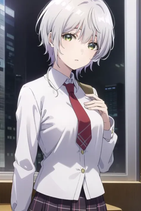 fuukakikuchi, <lora:fuuka kikuchi s1-lora-nochekaiser:1>,
fuuka kikuchi, short hair, bangs, hair between eyes, (green eyes:1.3), grey hair,
BREAK skirt, shirt, long sleeves, school uniform, jacket, white shirt, pleated skirt, necktie, collared shirt, plaid, plaid skirt, blazer, red necktie,
BREAK indoors, classroom,
BREAK looking at viewer,
BREAK <lyco:GoodHands-beta2:1>, (masterpiece:1.2), best quality, high resolution, unity 8k wallpaper, (illustration:0.8), (beautiful detailed eyes:1.6), extremely detailed face, perfect lighting, extremely detailed CG, (perfect hands, perfect anatomy),