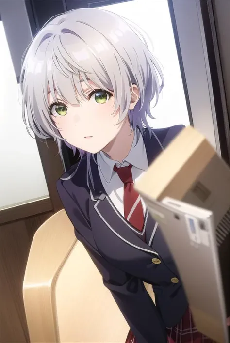 fuukakikuchi, <lora:fuuka kikuchi s1-lora-nochekaiser:1>,
fuuka kikuchi, short hair, bangs, hair between eyes, (green eyes:1.3), grey hair,
BREAK skirt, shirt, long sleeves, school uniform, jacket, white shirt, pleated skirt, necktie, collared shirt, plaid, plaid skirt, blazer, red necktie,
BREAK indoors, classroom,
BREAK looking at viewer,
BREAK <lyco:GoodHands-beta2:1>, (masterpiece:1.2), best quality, high resolution, unity 8k wallpaper, (illustration:0.8), (beautiful detailed eyes:1.6), extremely detailed face, perfect lighting, extremely detailed CG, (perfect hands, perfect anatomy),