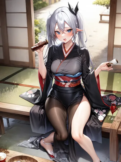 masterpiece, best quality, <lora:kak-2:1>, 1girl, alcohol, bangs, blush, breasts, cup, eyebrows_visible_through_hair, hair_between_eyes, hair_ornament, japanese_clothes, kimono, long_hair, long_sleeves, looking_at_viewer, open_mouth, (silver_hair:1.1), sake, sake_bottle, sitting, solo, thighs, very_long_hair, wide_sleeves, twintails, ,