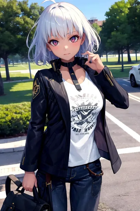 masterpiece, best quality, 1girl, solo, standing, cowboy shot, jacket, white shirt, looking at viewer, <lora:sugar-nikke-richy-v1:1> sugar \(nikke\)