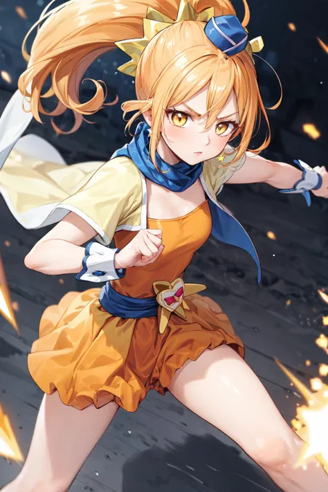 masterpiece,best quality,1girl,cure etoile,yellow hair,yellow eyes,orange dress,scarf,wrist cuffs,mini hat,high ponytail,(serious),fighting stance,action pose,attack,wind,motion lines,motion blur,cowboy shot,from above,(dutch angle),starry sky,<lora:locon_cure_etoile_01:0.9>,<lora:Concept-control tool-add_detail-CyberAIchemist:0.9>,