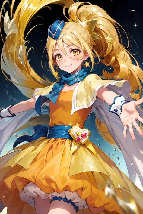 masterpiece,best quality,1girl,cure etoile,yellow hair,yellow eyes,orange dress,scarf,wrist cuffs,mini hat,high ponytail,smile,(outstretched arms),star \(symbol\),cowboy shot,<lora:locon_cure_etoile_01:0.9>,