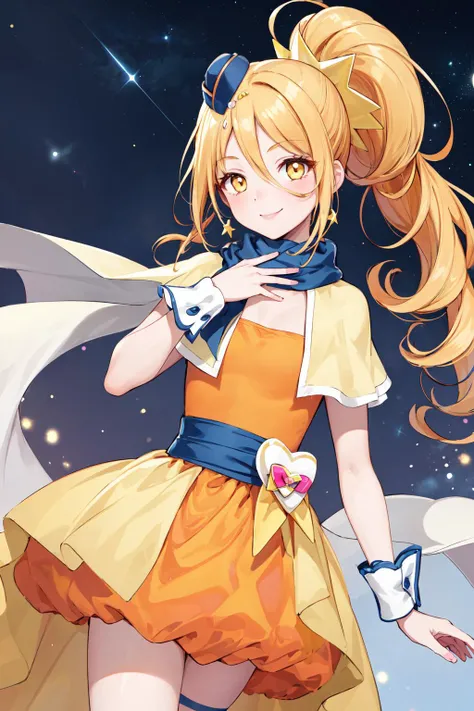 masterpiece,best quality,1girl,cure etoile,yellow hair,yellow eyes,orange dress,scarf,wrist cuffs,mini hat,high ponytail,smile,dynamic pose,starry sky,cowboy shot,(dutch angle),<lora:locon_cure_etoile_01:0.9>,<lora:Concept-control tool-add_detail-CyberAIchemist:0.8>,
