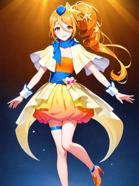 masterpiece, best quality, looking at viewer, depth of field, standing, full_body,
1girl, <lora:locon_cure_etoile_01:0.9>, cure etoile, scarf, wrist cuffs, mini hat, high ponytail, orange high heels,
smile, ((gradient background)), lens flare,