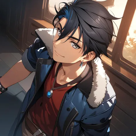 (masterpiece),(best quality),(ultra-detailed),(best illustration),(best shadow),(absurdres),(detailed background),(very aesthetic), van arkride, 1boy, solo, blue hair, black hair, gray eyes, earring, pendant, blue jacket, fur trim, white shirt, red inner shirt, brown belt, black bracelet, black single glove, smile, looking at viewer, white background <lora:XL-VanArkride:1>