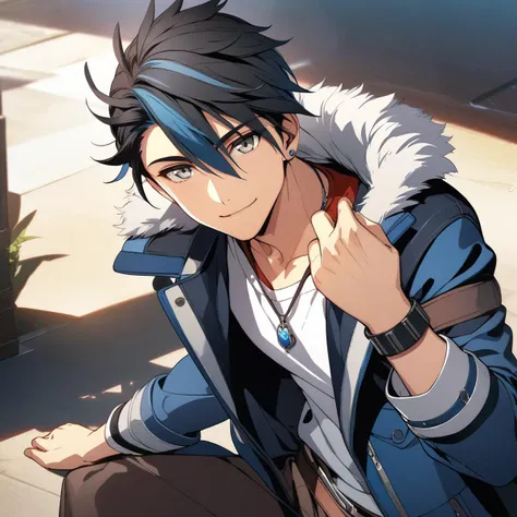 (masterpiece),(best quality),(ultra-detailed),(best illustration),(best shadow),(absurdres),(detailed background),(very aesthetic), van arkride, 1boy, solo, blue hair, black hair, gray eyes, earring, pendant, blue jacket, fur trim, white shirt, red inner shirt, brown belt, black bracelet, black single glove, smile, looking at viewer, white background <lora:XL-VanArkride:1>