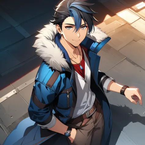 (masterpiece),(best quality),(ultra-detailed),(best illustration),(best shadow),(absurdres),(detailed background),(very aesthetic), van arkride, 1boy, solo, blue hair, black hair, gray eyes, earring, pendant, blue jacket, fur trim, white shirt, red inner shirt, brown belt, black bracelet, black single glove, smile, looking at viewer, white background <lora:XL-VanArkride:1>