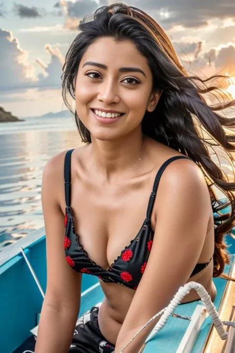 close up RAW photo of a Shriya Saran smiling, in a boat, detailed bkini, black slick hair, enhanced skin texture, beach, heavy sunset, island in a background, detailed background,(lust), (intricate:1.4), dramatic, epic, octane render, rim light, dim light modelshoot style, 8k, ultra detail, <lora:shriya:0.9>