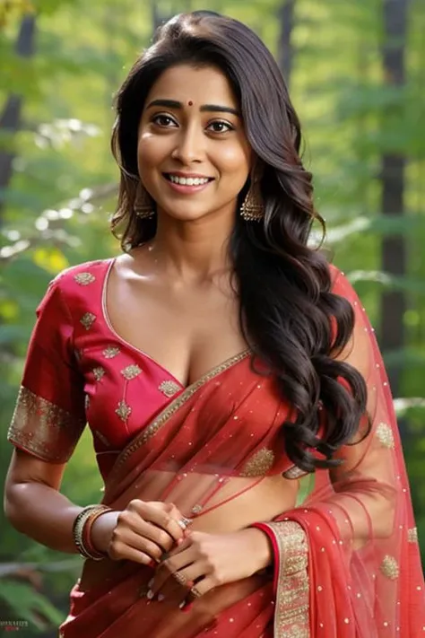 Shriya saran in a red sari, ,RAW photo, a close up portrait photo of a pretty girl, smiling,red sari, (lust), slim body, (forest background), (high detailed skin:1.2), 8k uhd, dslr, soft lighting, high quality, film grain, Fujifilm XT3, < <lora:shriya:0.7>